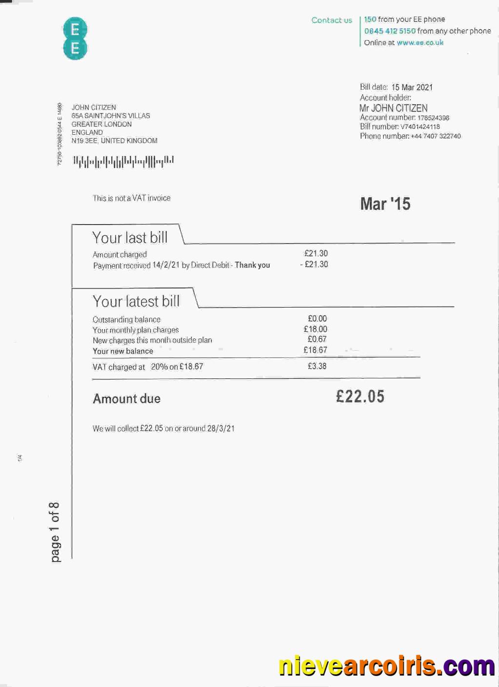 United Kingdom EE phone utility bill